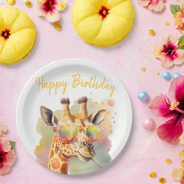 Plato De Papel Verano Vibes acuarela Giraffe - Feliz cumpleaños