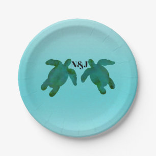 Plato De Papel Verde Azul Acuarela 2 Tortugas Marinas Bodas