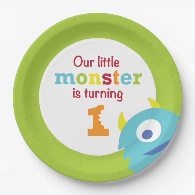 Plato De Papel Verde azul del pequeño cumpleaños del monstruo 1r (Anverso)