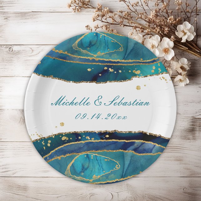 Plato De Papel Verde azulada acuarela de la recepción de la boda  (Teal Watercolor Gold Agate Wedding Reception Paper Plates
)
