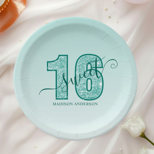 Plato De Papel Verde azulado Aqua Purpurina Script Sweet 16 (Subido por el creador)