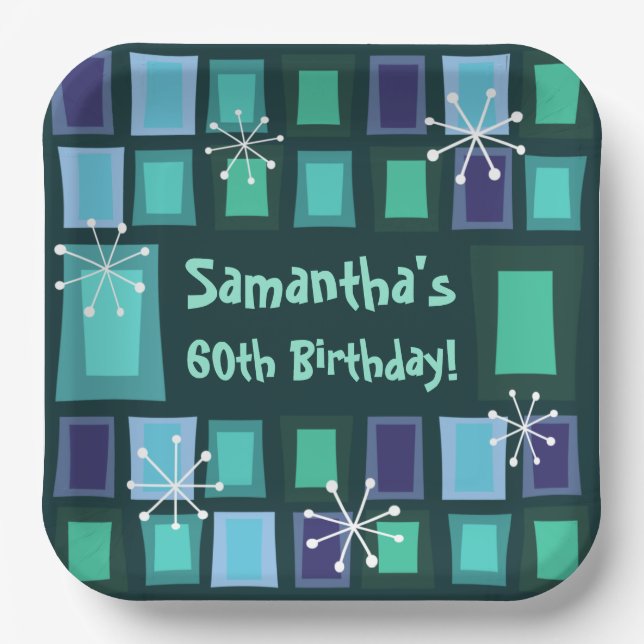 Plato De Papel Verde azulado de 60 Aniversario Moderno de Mediado (Anverso)