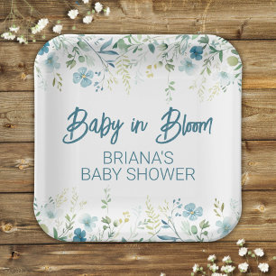 Plato De Papel Verde azulado Wildflowers Boy Baby Shower