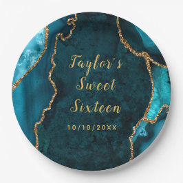 Plato De Papel Verde azulado y oro Agate Marble Sweet 16