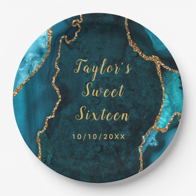 Plato De Papel Verde azulado y oro Agate Marble Sweet 16 (Anverso)