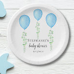 Plato De Papel Verde Baby Shower de globo azul<br><div class="desc">La plancha de papel Baby Shower de este niño está decorada con globos azul acuático y vegetación eucaliptica. Personalizable fácil. Utilice la Herramienta de diseño para cambiar el tamaño, estilo o color del texto. Porque creamos nuestra obra de arte no encontrarás esta imagen exacta de otros diseñadores. Acuarela original ©...</div>