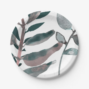 Plato De Papel Verde botánico de hojas de acuarela rústica sonros