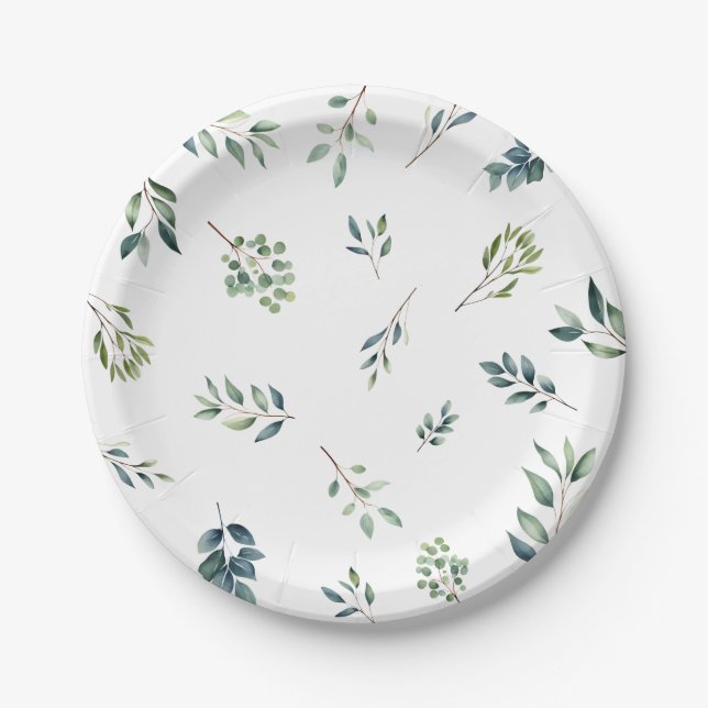 Plato De Papel Verde botánico hojas acuarela Despedida de soltera (Anverso)