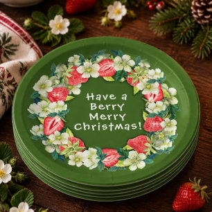 Plato de papel verde de Navidad con fresas