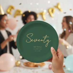 Plato de papel verde elegante dorado setenta cumpl
