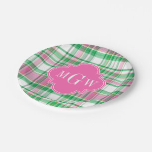 Plato De Papel Verde Esmeralda Rosa Caliente Blanco Madras Monogr
