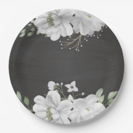 Plato De Papel verde flor blanco hojas negro