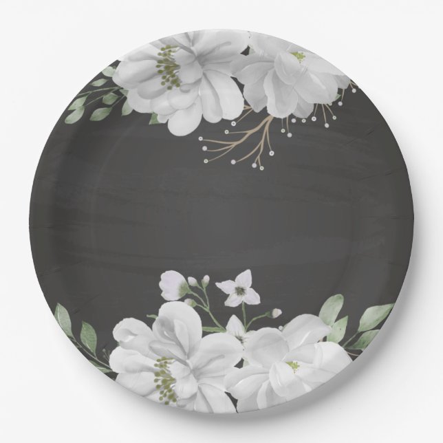 Plato De Papel verde flor blanco hojas negro (Anverso)
