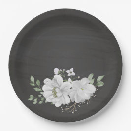 Plato De Papel verde flor blanco hojas negro
