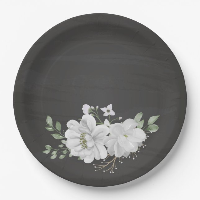 Plato De Papel verde flor blanco hojas negro (Anverso)