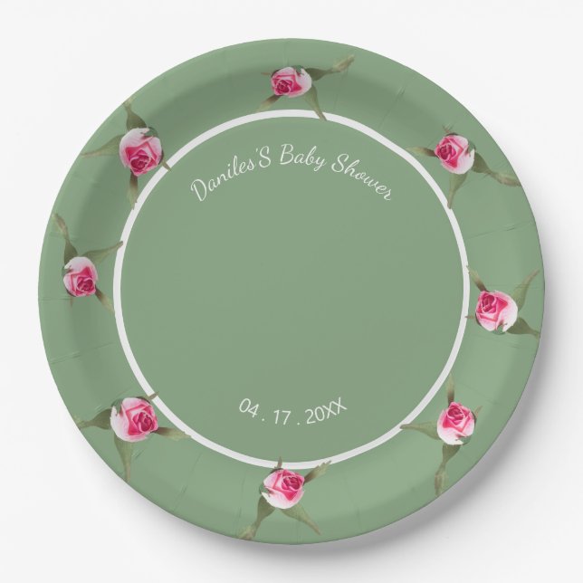 Plato De Papel Verde floral personalizado (Anverso)