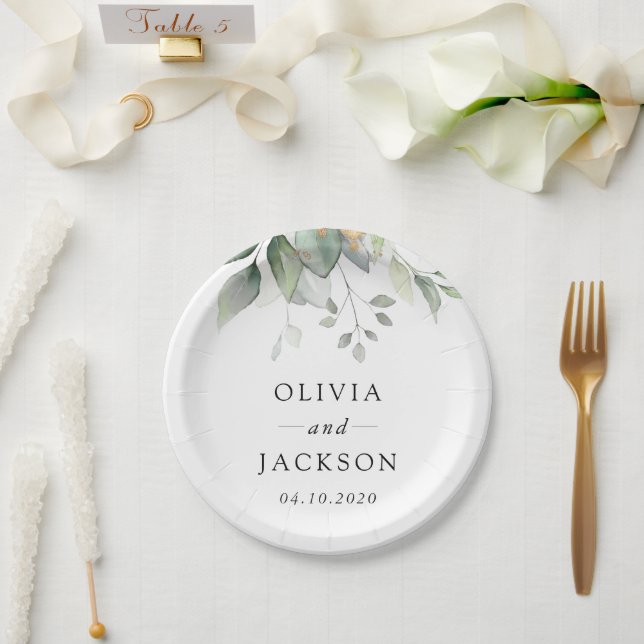 Plato De Papel Verde, Hojas de Eucalipto, Boda Botánica (Boda)