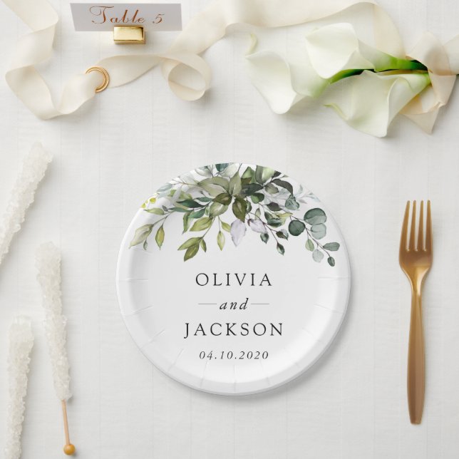 Plato De Papel Verde, Hojas de Eucalipto, Boda Botánica (Boda)