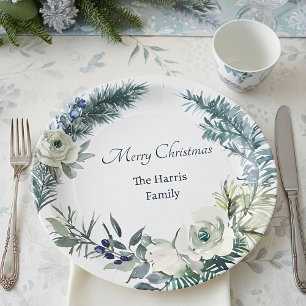 Plato De Papel Verde invernal suave Navidad personalizada