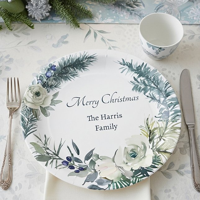 Plato De Papel Verde invernal suave Navidad personalizada (Subido por el creador)