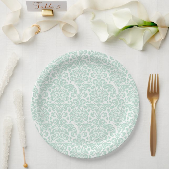 Plato de papel verde menta Damasco bonito lindo (Boda)