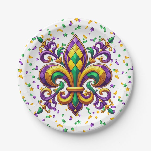 Plato De Papel Verde morado Mardi Gras fleur de lis (Anverso)