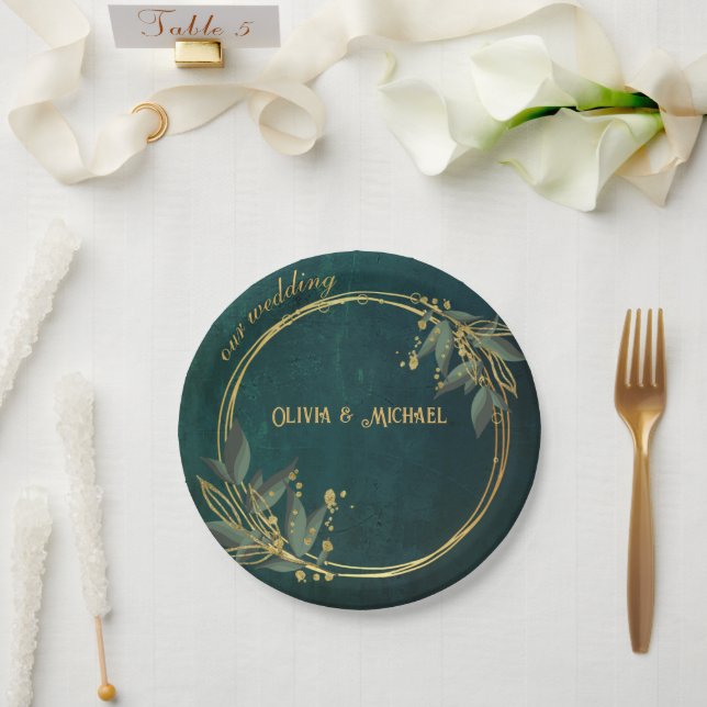 Plato De Papel Verde oscuro vintage (Boda)