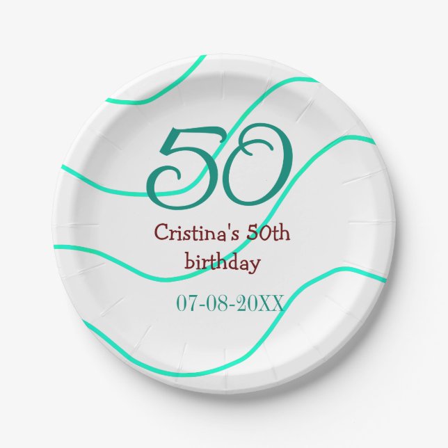 Plato De Papel Verde rojo 50 cumpleaños fecha de añadir nombre p (Anverso)