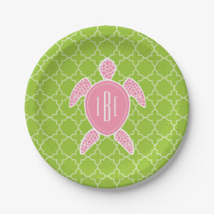 Plato De Papel Verde rosado con monograma Quatrefoil de la