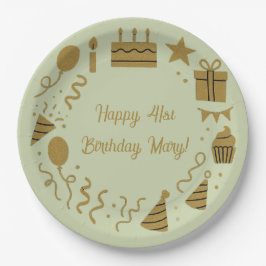 Plato De Papel Verde Salvia - Cumpleaños Lujoso Oro Personalizabl