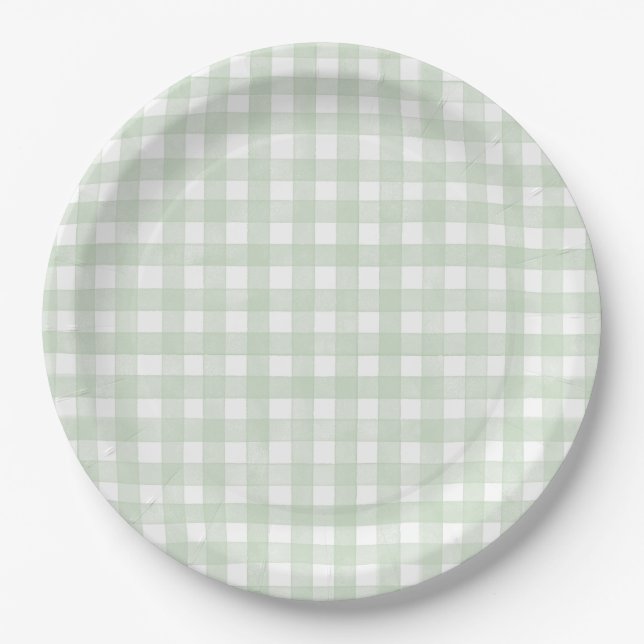 Plato De Papel Verde Salvia Gingham Clásico (Anverso)