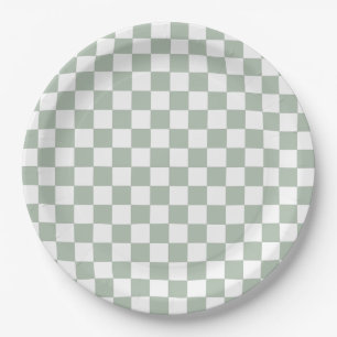 Plato De Papel Verde Salvia y Cuadros Blancos