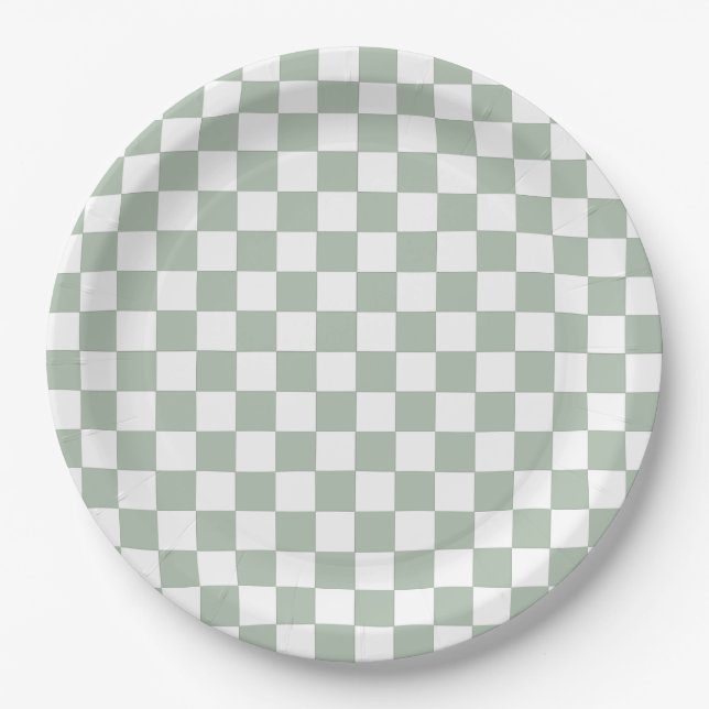 Plato De Papel Verde Salvia y Cuadros Blancos (Anverso)