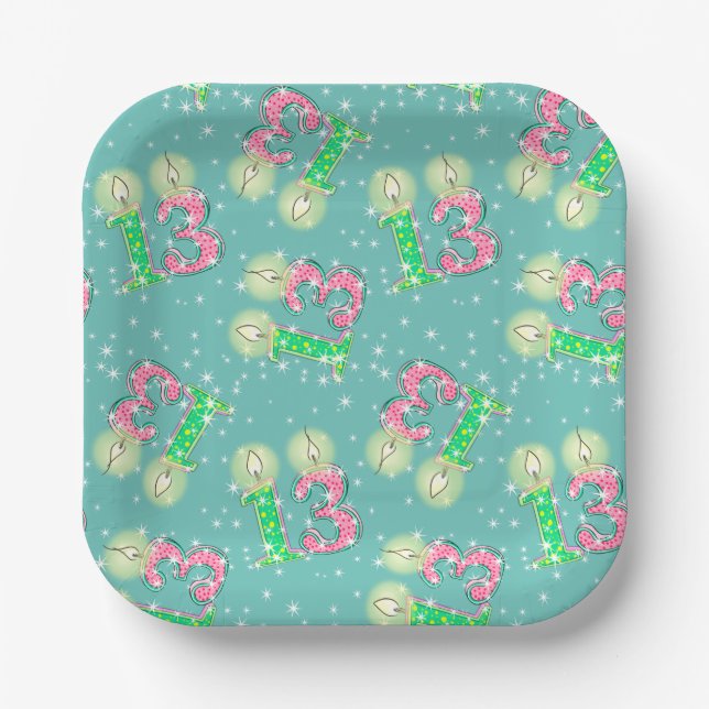 Plato De Papel Verde y Rosa 13° cumpleaños (Anverso)