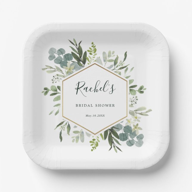 Plato De Papel Verdor acuarela Gold Hexagon Bridal Shower (Anverso)
