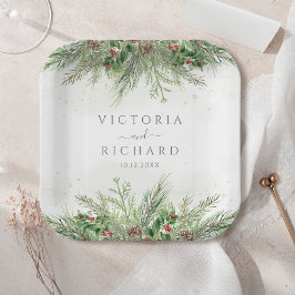 Plato De Papel Verdor de invierno rústico Berries Pine Cone Boda