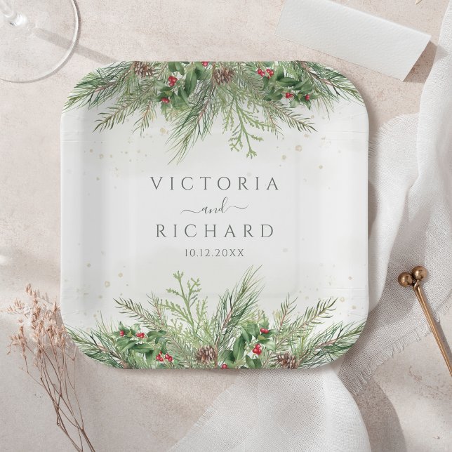 Plato De Papel Verdor de invierno rústico Berries Pine Cone Boda (Subido por el creador)