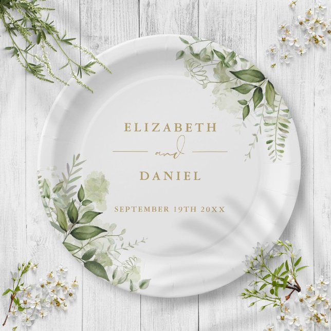 Plato De Papel Verdor Floral Elegante Boda de oro moderno (Greenery Floral Elegant Modern Gold Wedding Paper Plates)