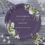 Plato De Papel Verdor Floral Elegante Boda Púrpura<br><div class="desc">Elegante plato de papel boda morado de vegetación floral personalizada con sus nombres y fecha especial de boda. Diseñado por Thisisnotme©</div>