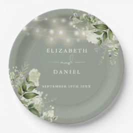 Plato De Papel Verdor Floral String Luces Sage Green Boda