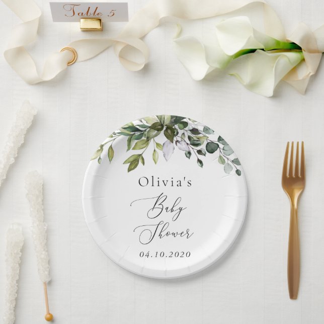 Plato De Papel Verdor, hojas de eucalipto, Boho, Baby Shower (Boda)