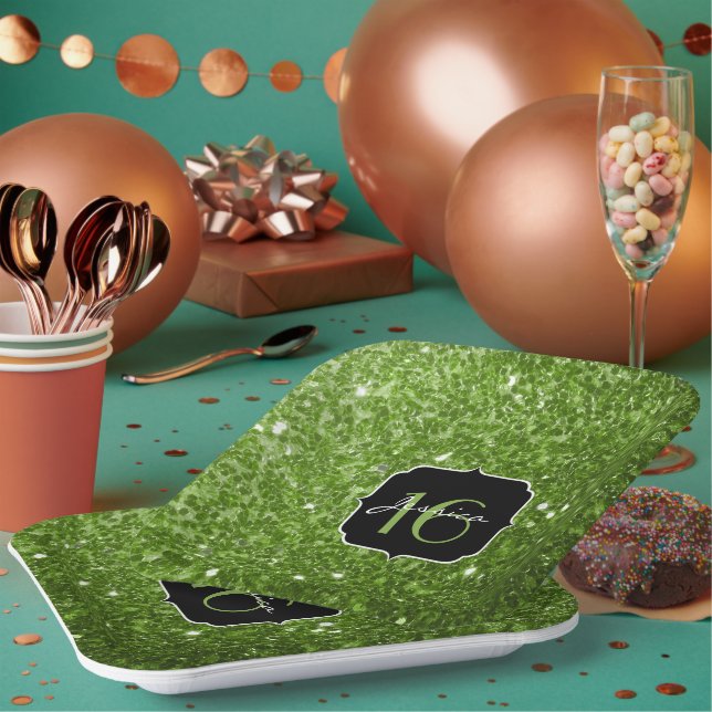 Plato De Papel Verdor purpurina verde chispa dulce 16 (Multi)