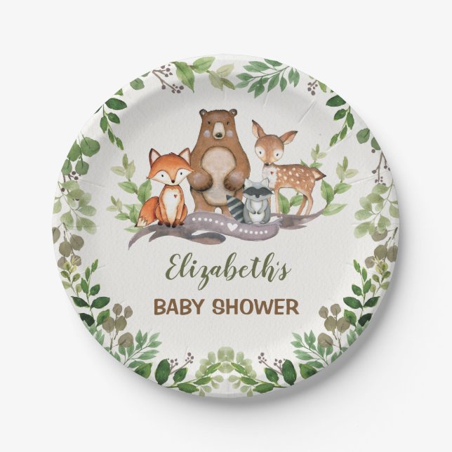 Plato De Papel Verdor Woodland Baby Animals Ducha Primer Cumpleañ (Anverso)