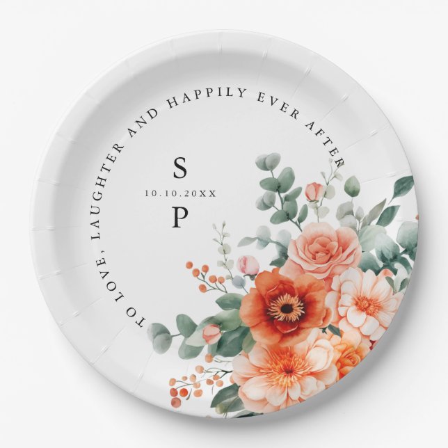 Plato De Papel Verona Sunset Bright Naranja Boda floral moderno (Anverso)
