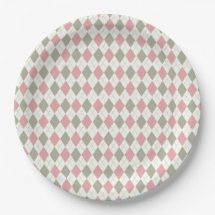 Plato De Papel Versatile elegante con diseño argyle rosa y taúpe