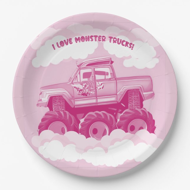 Plato De Papel Versión rosa Me Encanta Monster Trucks Imagen (Anverso)
