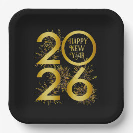 Plato De Papel Vertical Gold 2026 New Year Design with Fireworks