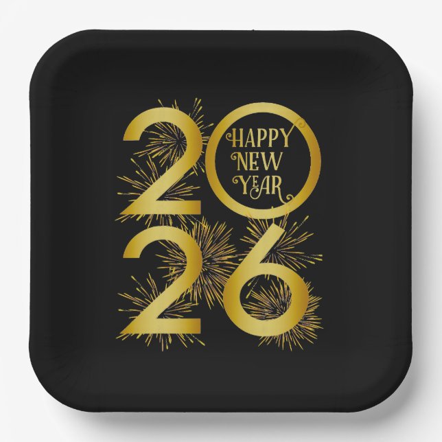 Plato De Papel Vertical Gold 2026 New Year Design with Fireworks (Anverso)