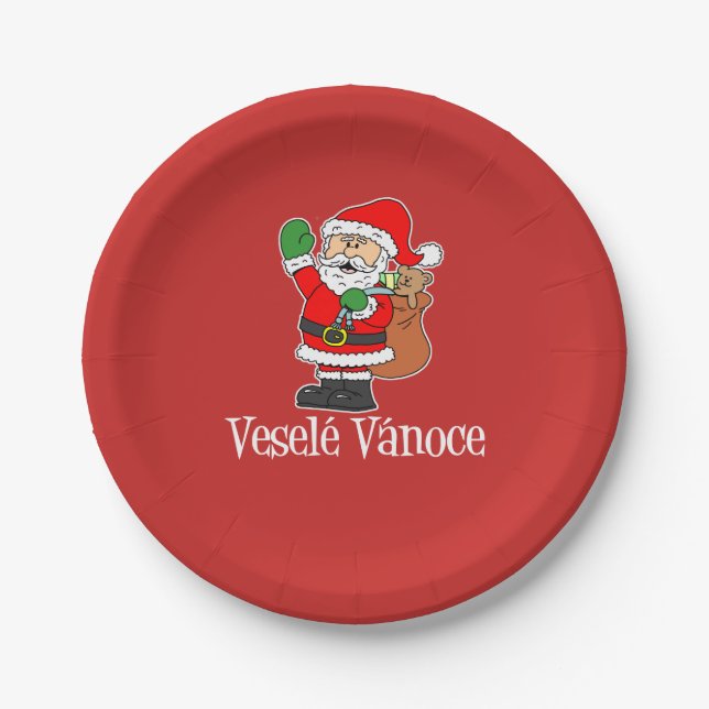 Plato De Papel Vesele Vanoce Navidades checos Santa (RED) (Anverso)