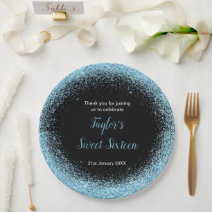 Plato De Papel Vestido azul claro Faux Purpurina Sweet 16 cumplea